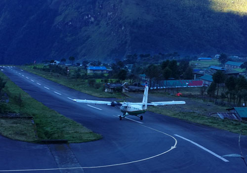 Fly to Lukla (2,800m/9,184ft), trek to Phakding (2,651m/8,700ft): 35 minutes flight, 3 - 4 hours trek